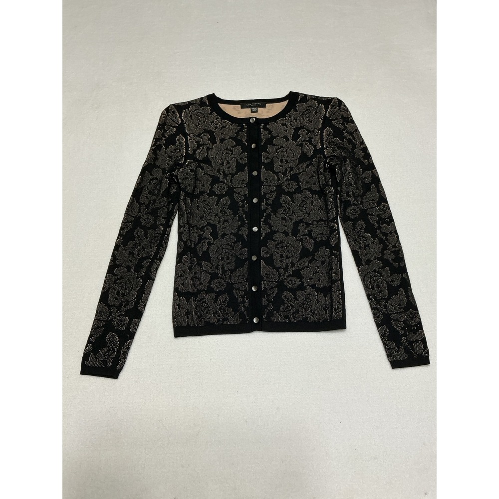 Ann Taylor Petite Cardigan XXSP Black Tan Floral Jacquard Snap Front Sweater